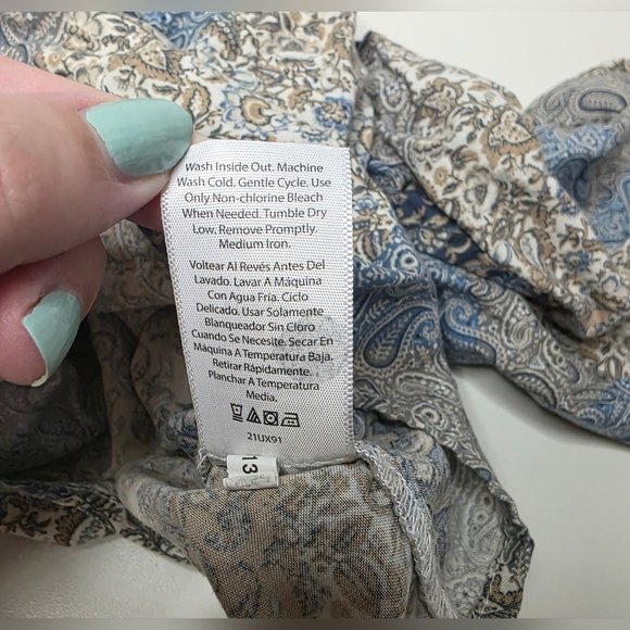 Time and Tru Large (12-14) Womens Blue Beige Paisley Patchwork Long Sleeve Top - Picture 6 of 10